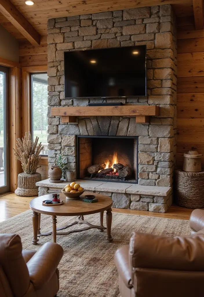 25+ Fireplace Wall Ideas with TV for a Cozy Modern Look - 8. Rustic Wood Fireplace with TV