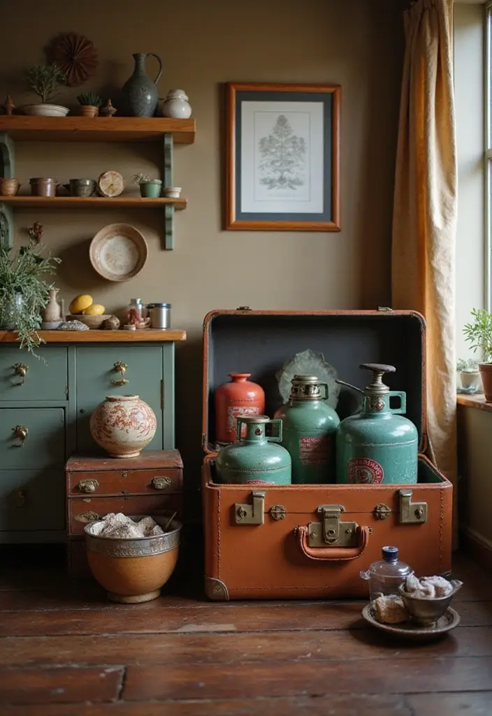 25+ Gas Cylinder Storage Ideas for a Safe and Neat Kitchen - 10. Vintage Suitcases
