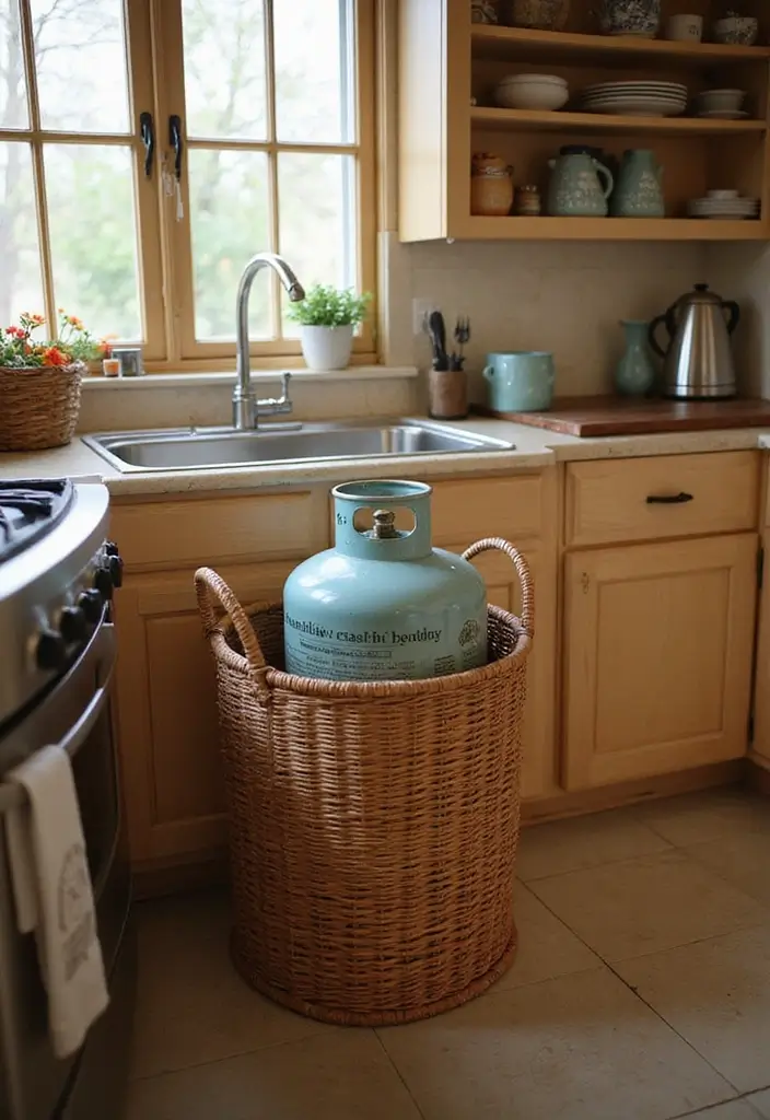 25+ Gas Cylinder Storage Ideas for a Safe and Neat Kitchen - 3. Decorative Baskets