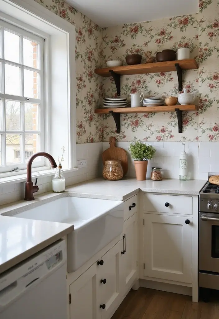 25+ Kitchen Accent Wall Ideas That Add Instant Charm 22 25+ Kitchen Accent Wall Ideas That Add Instant Charm - 4. Farmhouse Wallpaper