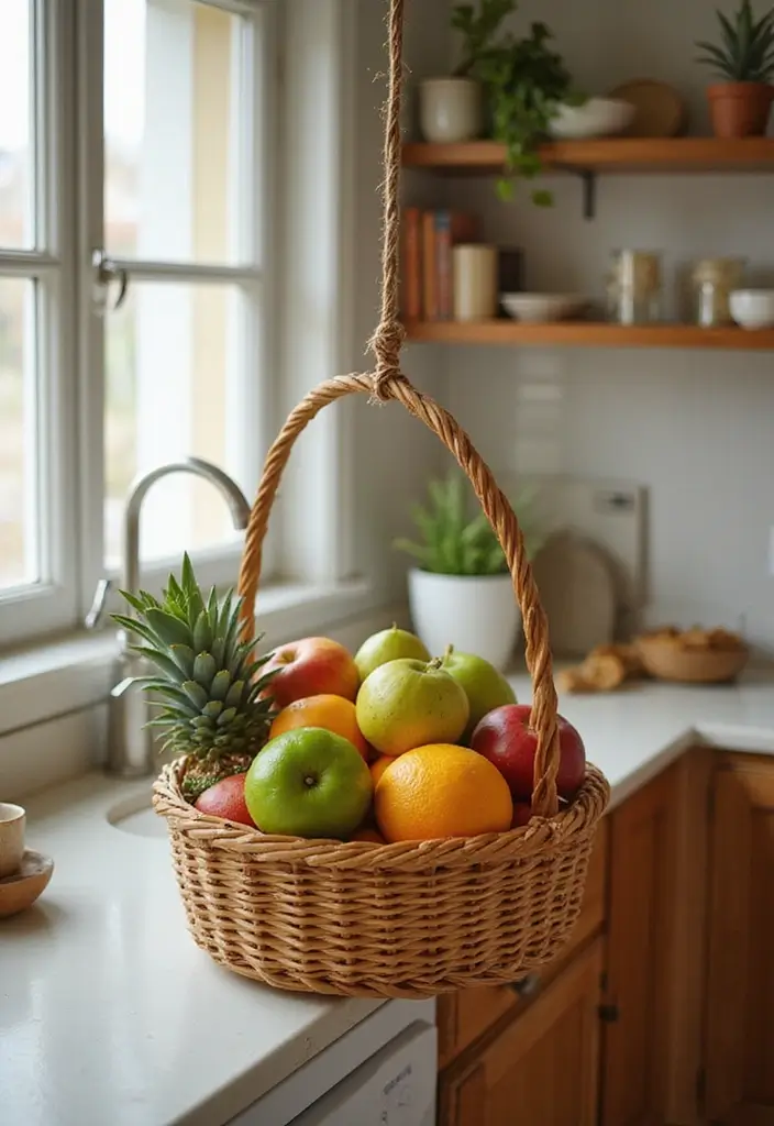 25+ Kitchen Cabinet Storage Ideas for a Functional Makeover - 20. Use a Hanging Fruit Basket