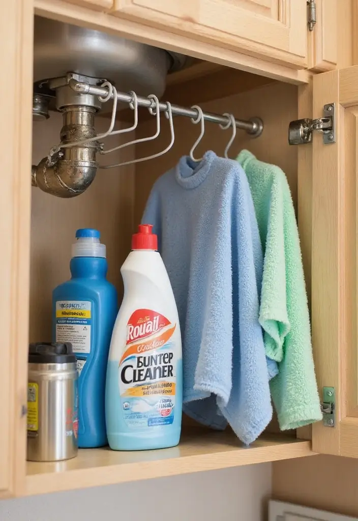 25+ Kitchen Cabinet Storage Ideas for a Functional Makeover - 6. Tension Rods for Cleaning Supplies