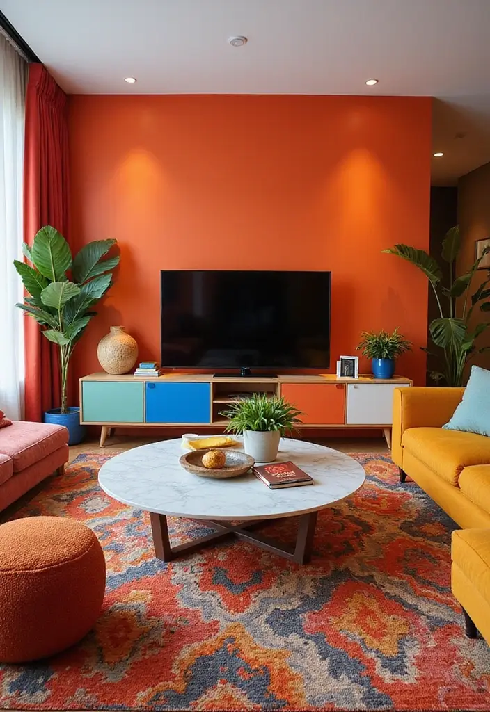 25+ Living Room TV Wall Ideas for a Stylish Setup - 11. Bold Accent Colors