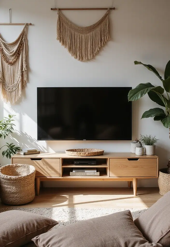 25+ Living Room TV Wall Ideas for a Stylish Setup - 12. Layered Textiles