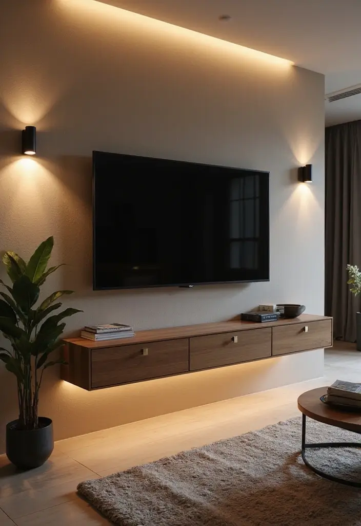 25+ Living Room TV Wall Ideas for a Stylish Setup - 13. Artistic Lighting Solutions