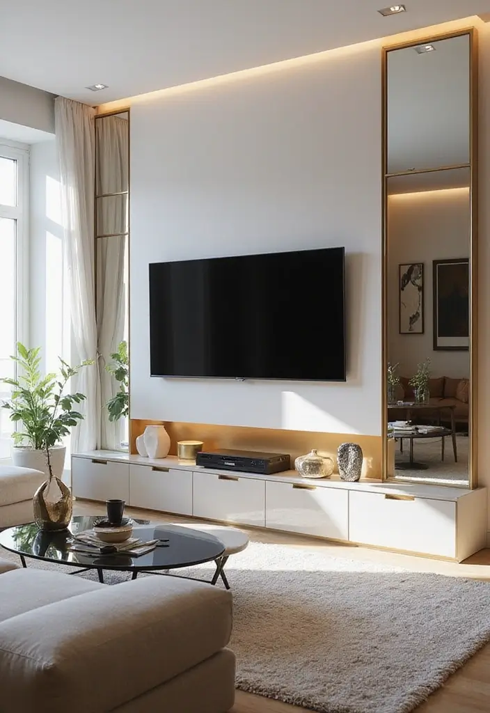 25+ Living Room TV Wall Ideas for a Stylish Setup - 16. Reflective Surfaces