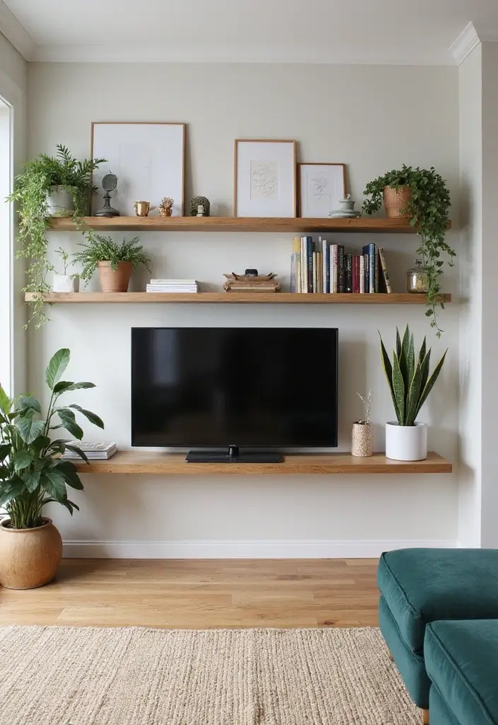 25+ Living Room TV Wall Ideas for a Stylish Setup - 23. Open Shelving Ideas