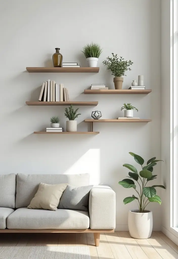 25+ Media Wall Ideas for a Sleek and Functional Living Room - 2. Floating Shelves