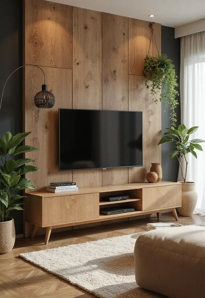 25+ Media Wall Ideas for a Sleek and Functional Living Room - 21. Natural Elements