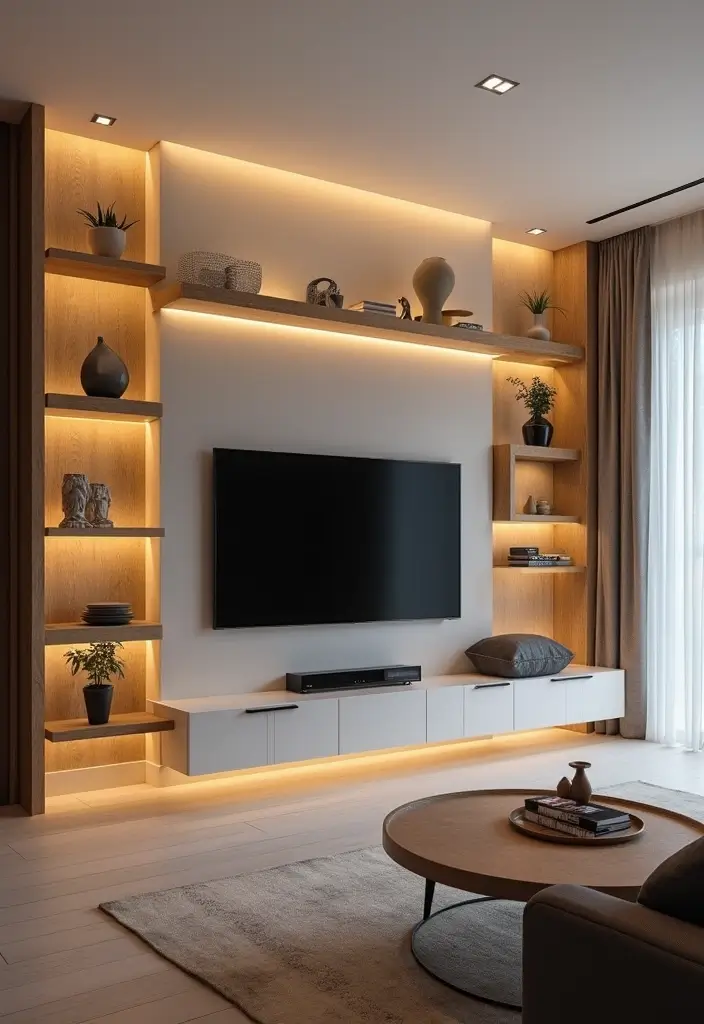 25+ Media Wall Ideas for a Sleek and Functional Living Room - 5. Integrated Lighting