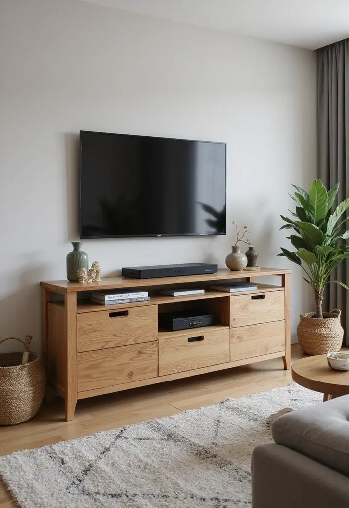 25+ Media Wall Ideas for a Sleek and Functional Living Room - 6. Multi-Functional Furniture