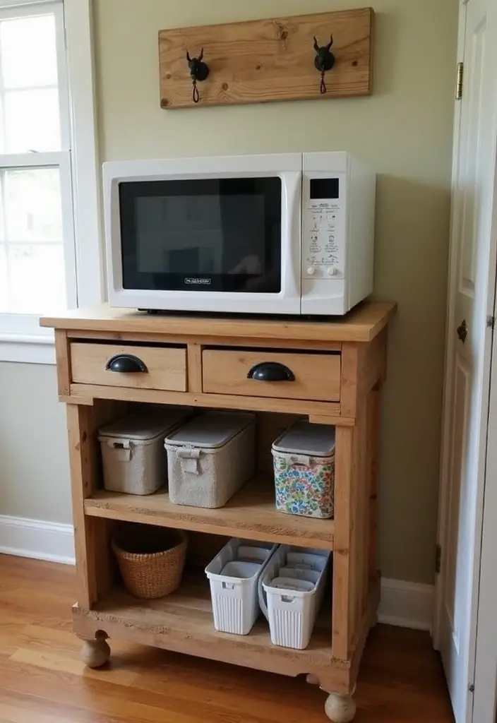 25+ Microwave Storage Ideas for Small Kitchens - 15. Use a Wooden Pallet Stand