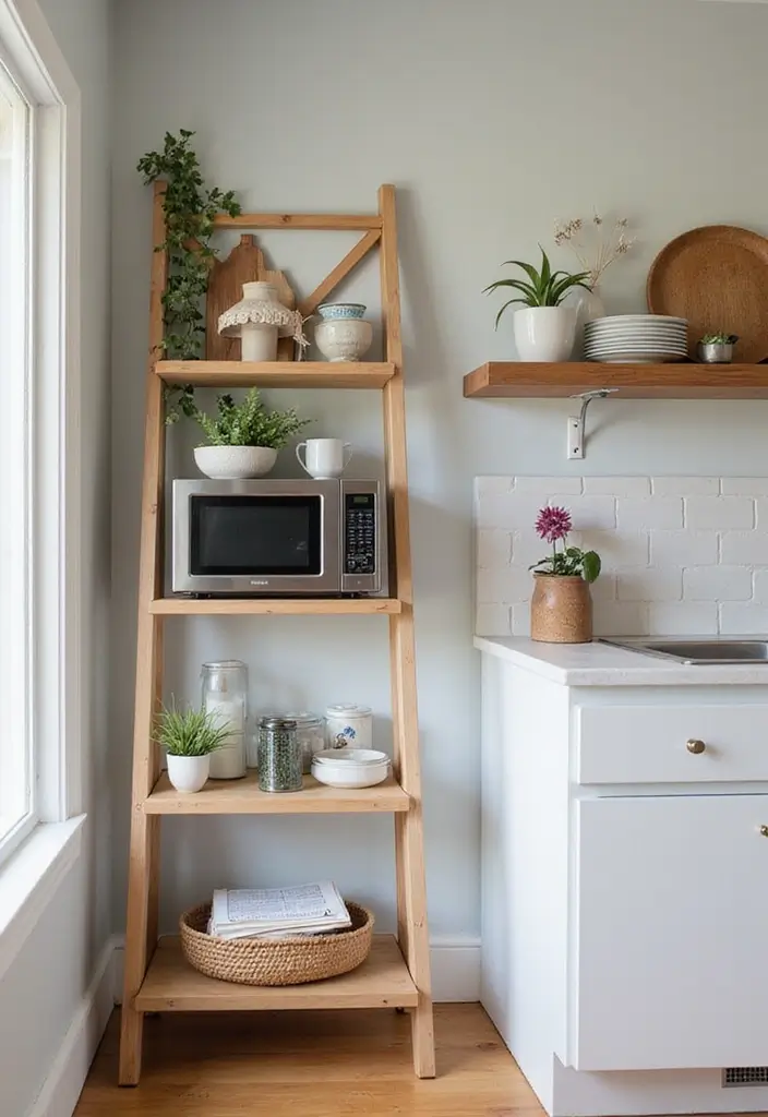 25+ Microwave Storage Ideas for Small Kitchens - 16. Decorative Ladder Shelf