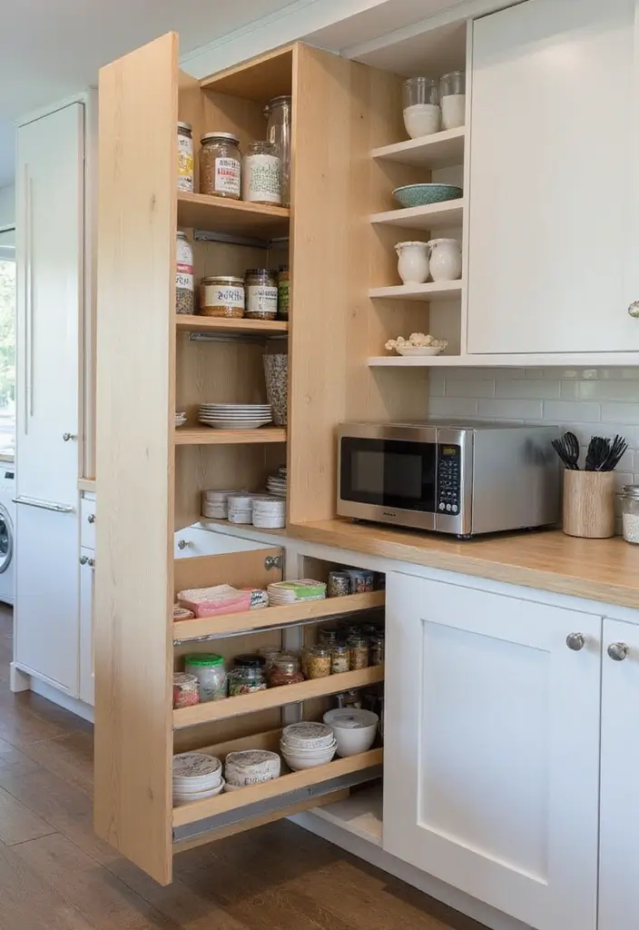 25+ Microwave Storage Ideas for Small Kitchens - 19. Pull-out Pantry Shelf