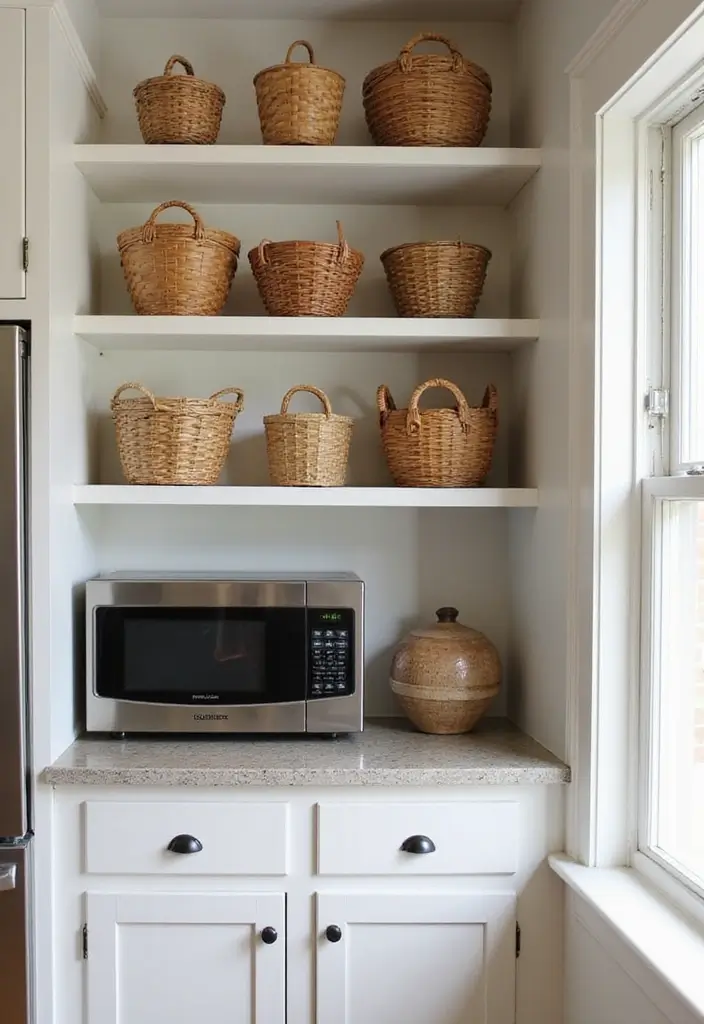 25+ Microwave Storage Ideas for Small Kitchens - 20. Baskets on Open Shelves