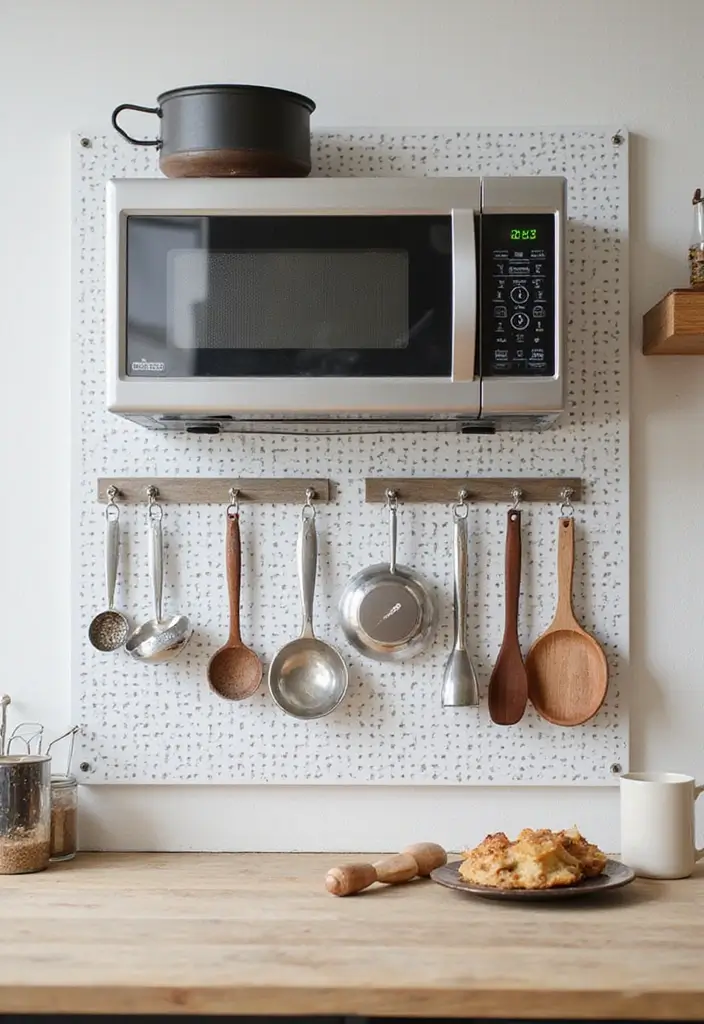 25+ Microwave Storage Ideas for Small Kitchens - 23. Pegboard Microwave Wall Hanger