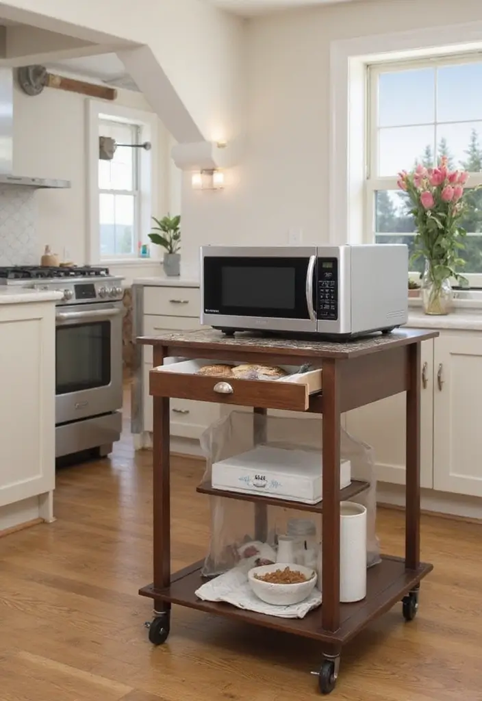25+ Microwave Storage Ideas for Small Kitchens - 4. Rolling Microwave Cart