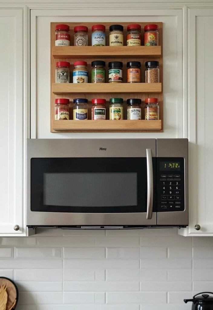 25+ Microwave Storage Ideas for Small Kitchens - 5. Magnetic Spice Rack Above the Microwave