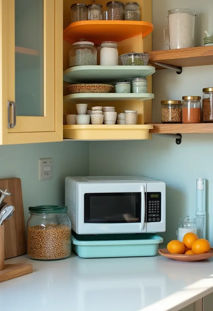 25+ Microwave Storage Ideas for Small Kitchens - 7. Stackable Storage Bins