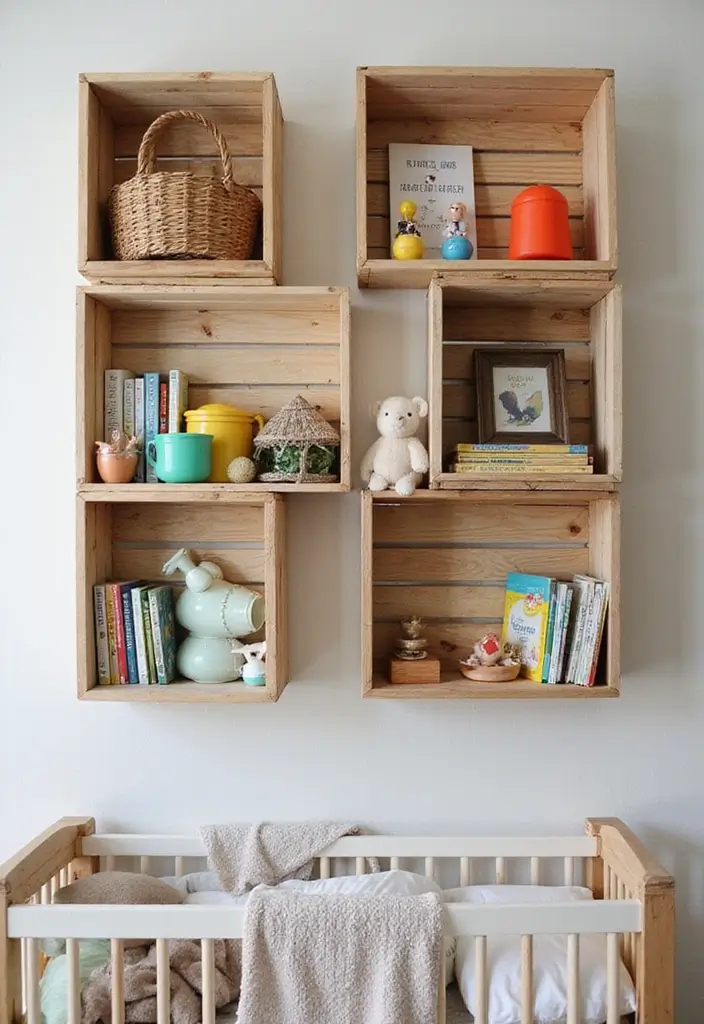 25+ Nursery Storage Ideas to Keep Baby Essentials Handy - 1. Upcycled Crate Shelves