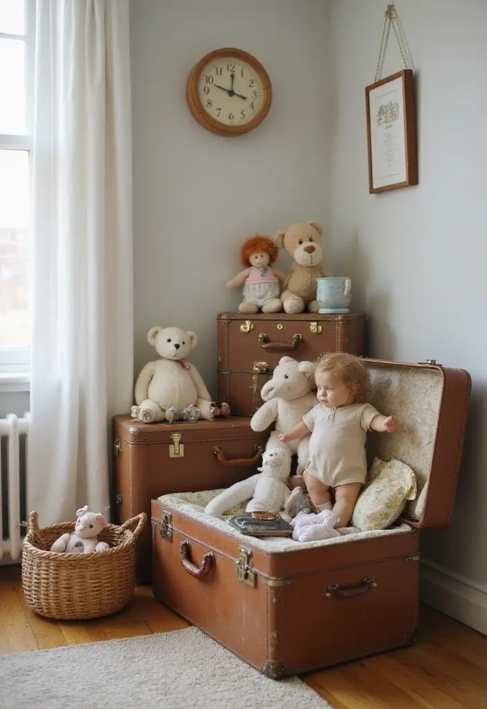 25+ Nursery Storage Ideas to Keep Baby Essentials Handy - 15. Vintage Suitcases