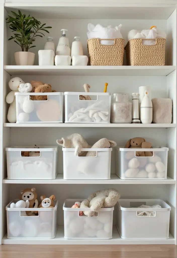25+ Nursery Storage Ideas to Keep Baby Essentials Handy - 17. Clear Storage Bins