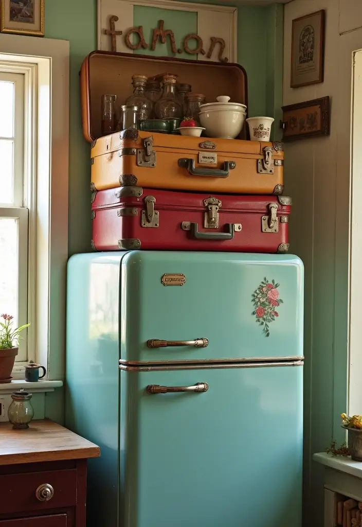25+ Over-the-Fridge Storage Ideas You’ll Wish You Tried Sooner - 6. Vintage Suitcase Storage