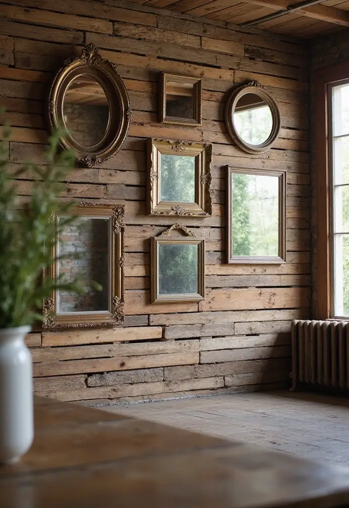25+ Pallet Wall Ideas for a Rustic Budget-Friendly Design - 12. Pallet Wall with Framed Mirrors