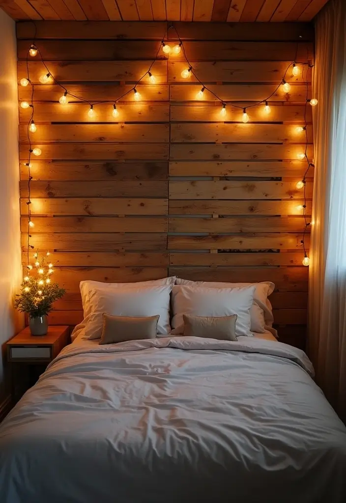 25+ Pallet Wall Ideas for a Rustic Budget-Friendly Design - 17. Pallet Wall with String Lights