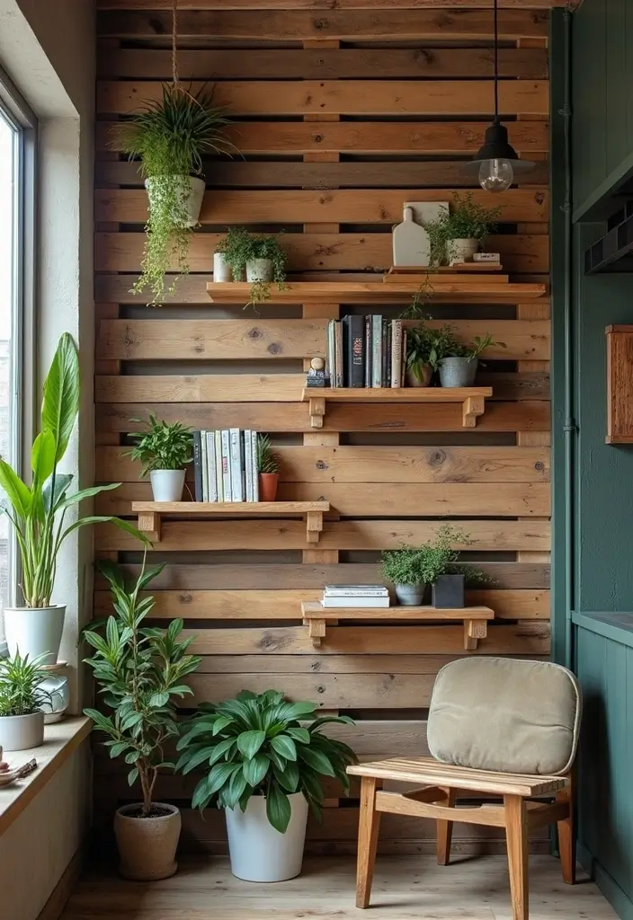 25+ Pallet Wall Ideas for a Rustic Budget-Friendly Design - 3. Pallet Wall with Built-In Shelves