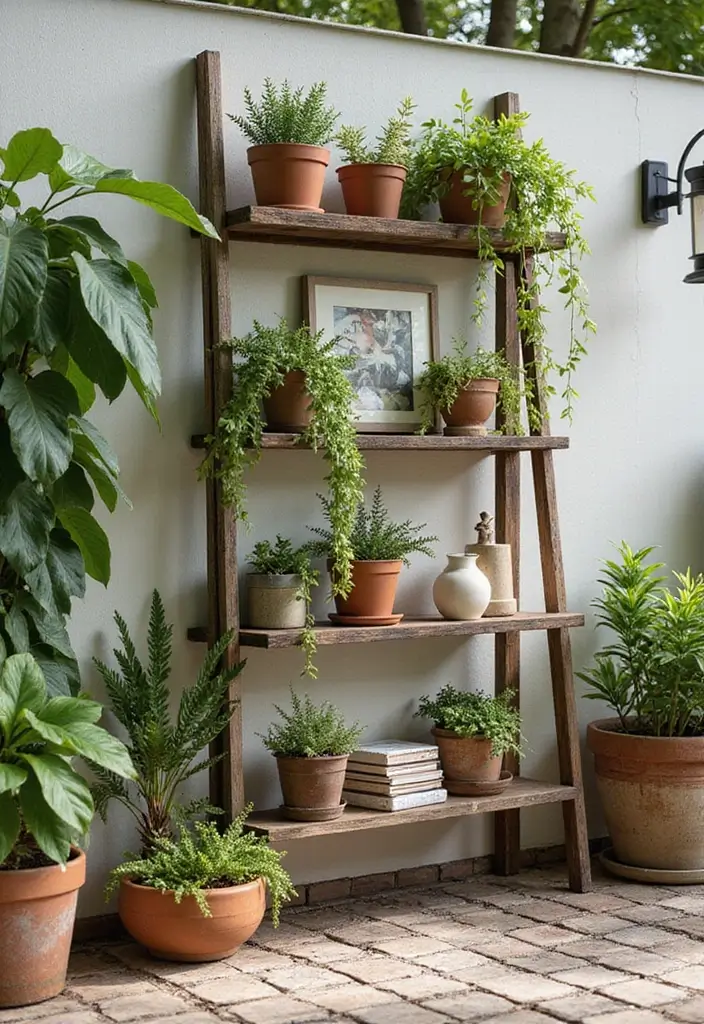 25+ Patio Storage Ideas to Keep Your Outdoor Space Organized - 18. Ladder Shelf for Plants and Decor