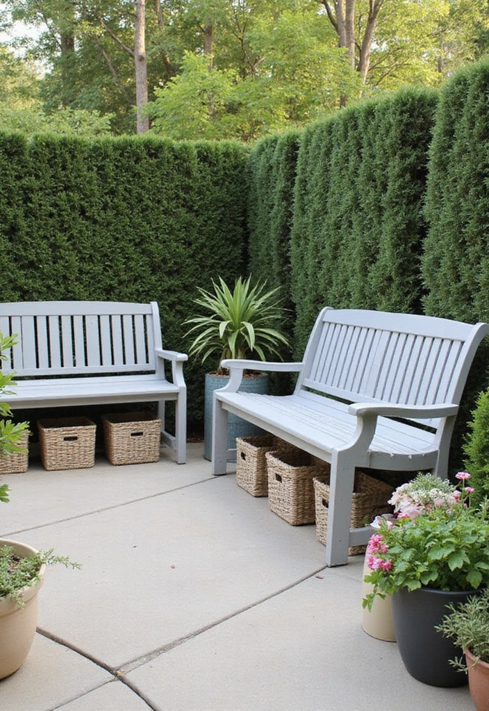 25+ Patio Storage Ideas to Keep Your Outdoor Space Organized - 3. Under-Bench Storage Bins