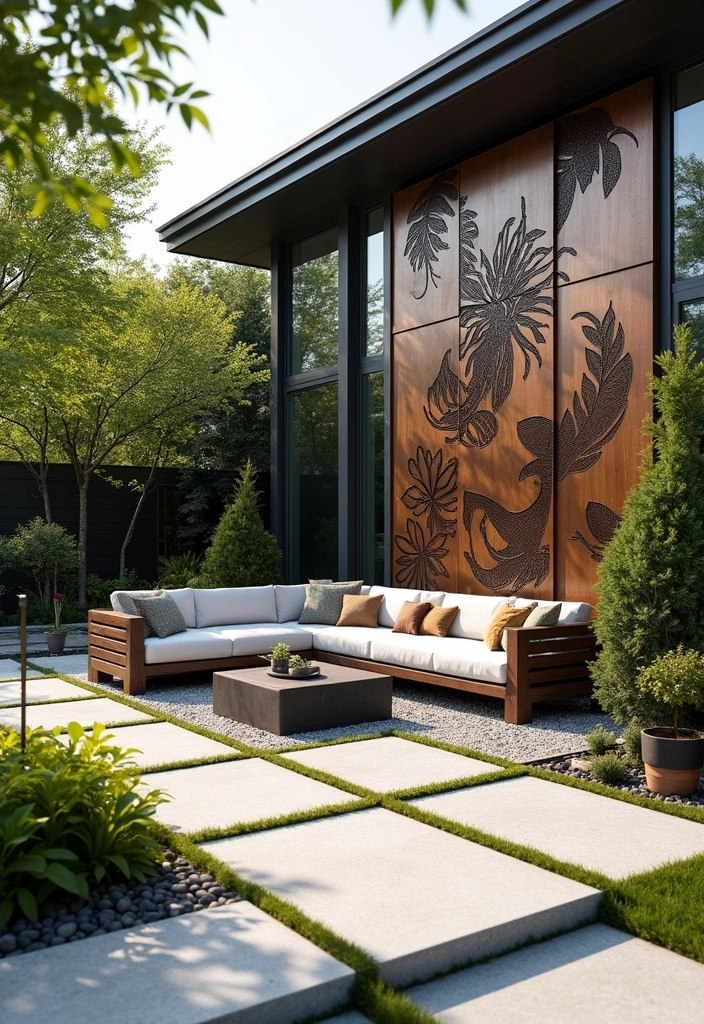 25+ Patio Wall Ideas to Upgrade Your Outdoor Space - 12. Artistic Metal Panels