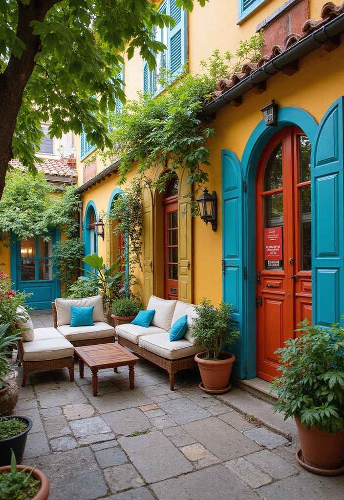 25+ Patio Wall Ideas to Upgrade Your Outdoor Space - 19. Brightly Colored Shutters