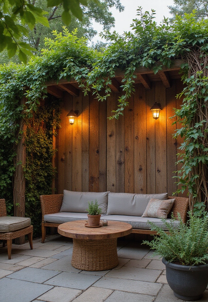 25+ Patio Wall Ideas to Upgrade Your Outdoor Space - 2. Rustic Wood Panels for Warmth