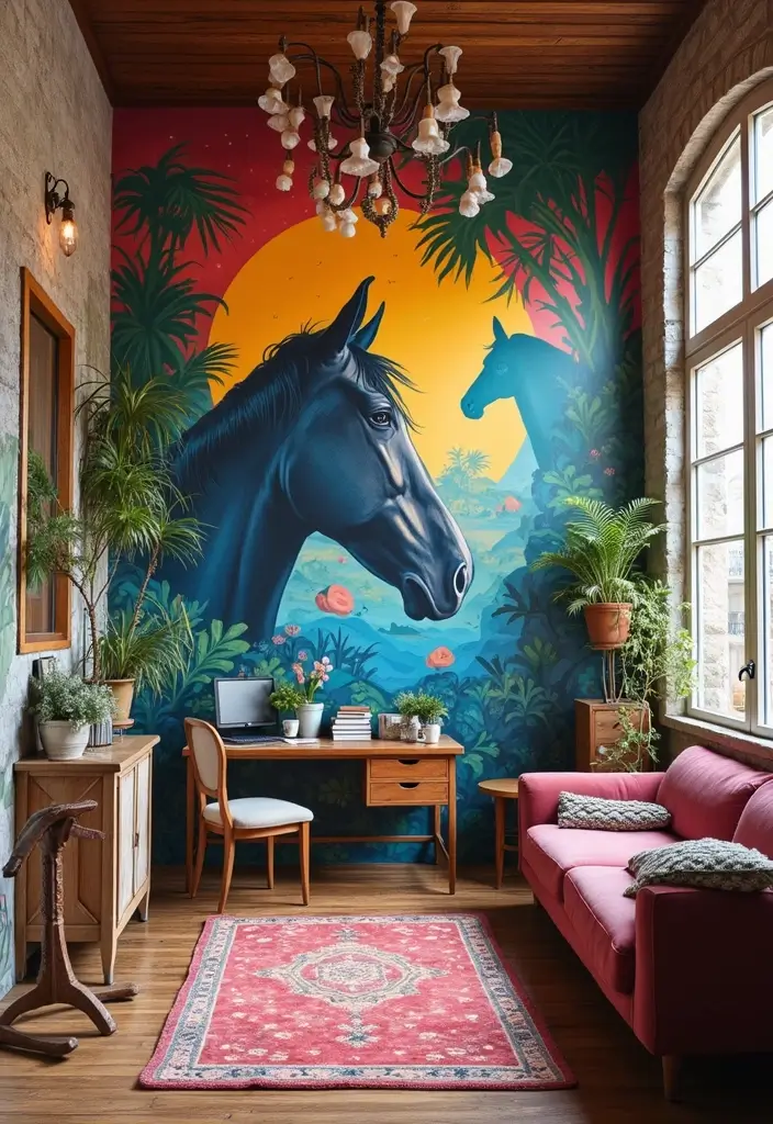 25+ Pony Wall Ideas to Separate Spaces with Style - 8. Painted Mural Pony Wall