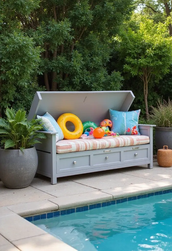 25+ Pool Float Storage Ideas to Keep Summer Clutter-Free 56 25+ Pool Float Storage Ideas to Keep Summer Clutter-Free - 10. Poolside Storage Benches