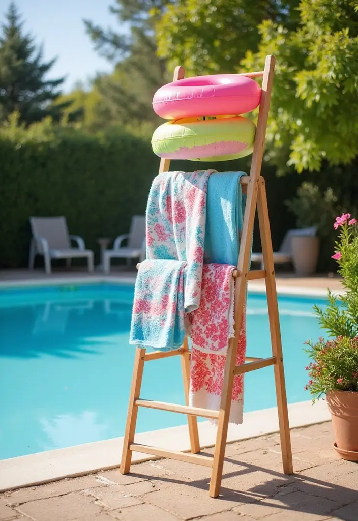 25+ Pool Float Storage Ideas to Keep Summer Clutter-Free 109 25+ Pool Float Storage Ideas to Keep Summer Clutter-Free - 19. Decorative Beach Towels Rack