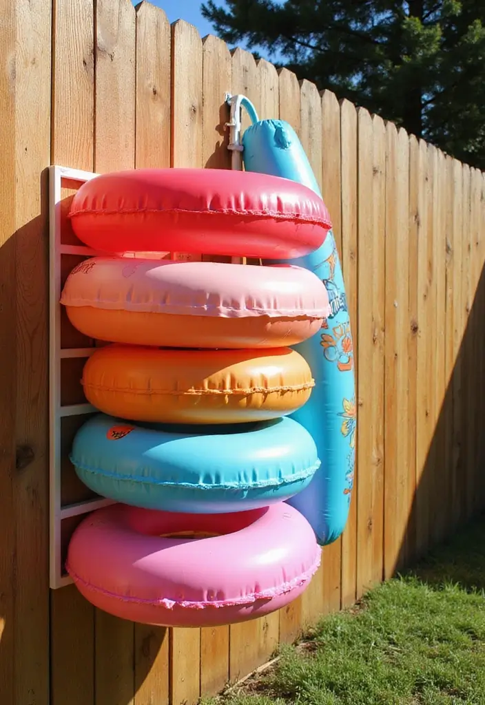 25+ Pool Float Storage Ideas to Keep Summer Clutter-Free 8 25+ Pool Float Storage Ideas to Keep Summer Clutter-Free - 2. Wall-Mounted Float Racks
