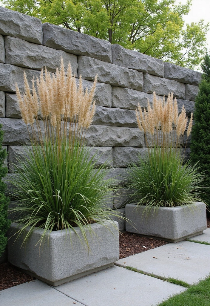 25+ Privacy Wall Ideas That Are Stylish and Functional - 16. Stone Planters with Tall Grass