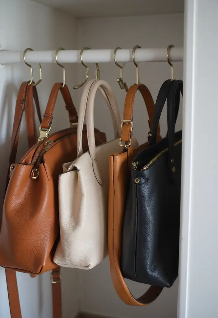 25+ Purse Storage Ideas to Keep Your Bags Neat and Accessible - 11. Closet Rod Hooks
