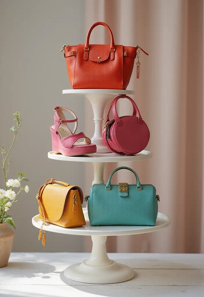 25+ Purse Storage Ideas to Keep Your Bags Neat and Accessible - 16. Tiered Cake Stand