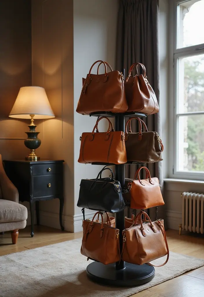 25+ Purse Storage Ideas to Keep Your Bags Neat and Accessible - 6. Rotating Bag Rack