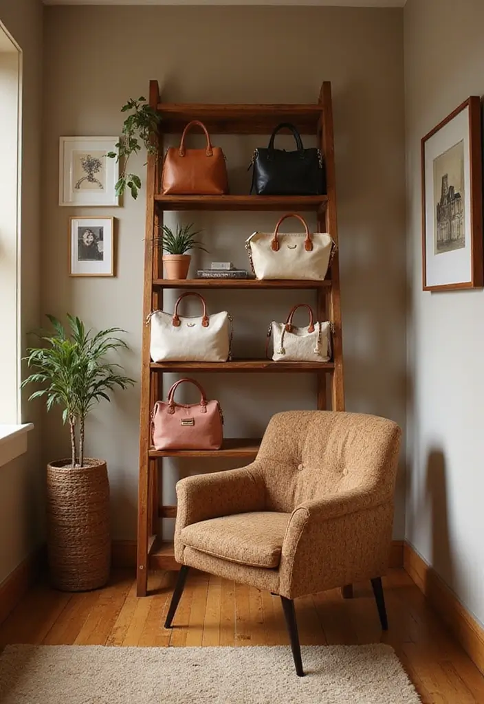 25+ Purse Storage Ideas to Keep Your Bags Neat and Accessible - 7. Ladder Shelf Storage