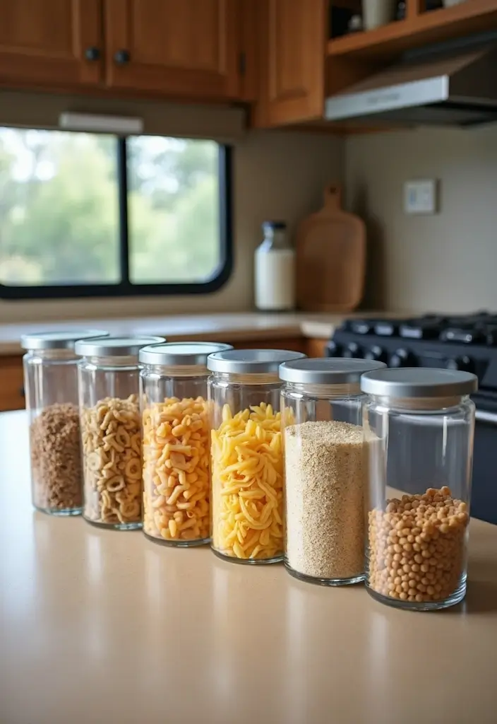 25+ RV Storage Ideas to Keep Your Tiny Home on Wheels Organized - 23. Use Clear Canisters for Food Storage