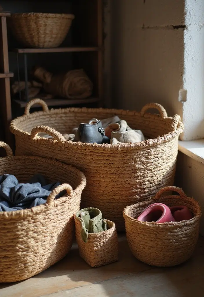 25+ Shoe Storage Ideas to Organize Your Collection in Style - 14. Decorative Baskets