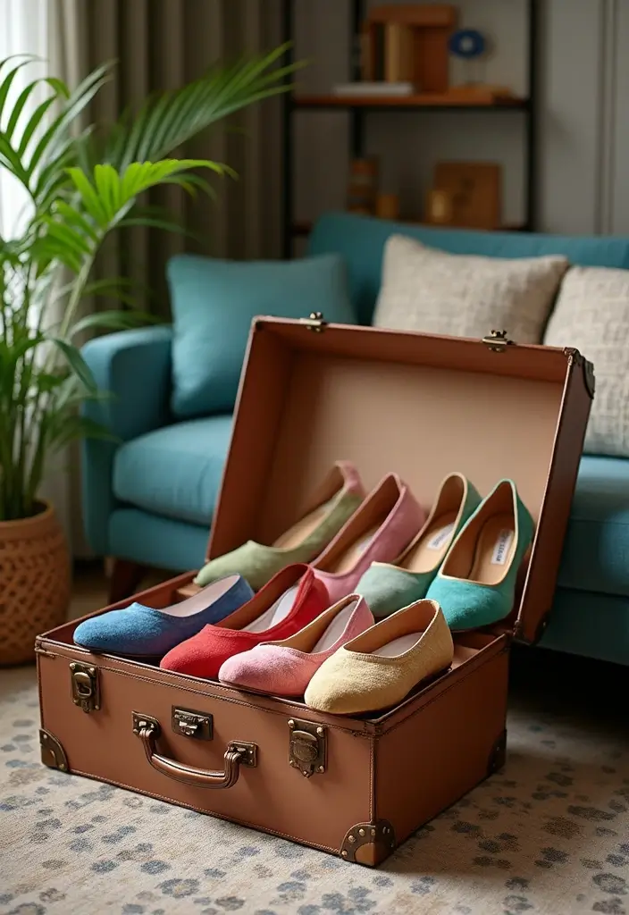 25+ Shoe Storage Ideas to Organize Your Collection in Style - 8. Vintage Suitcases