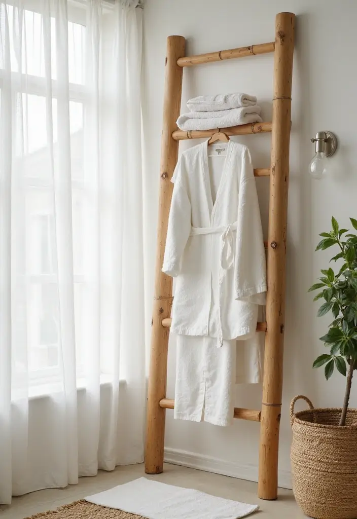25 Shower Storage Ideas for a Clean and Organized Bathroom 13. Bamboo Ladder Storage