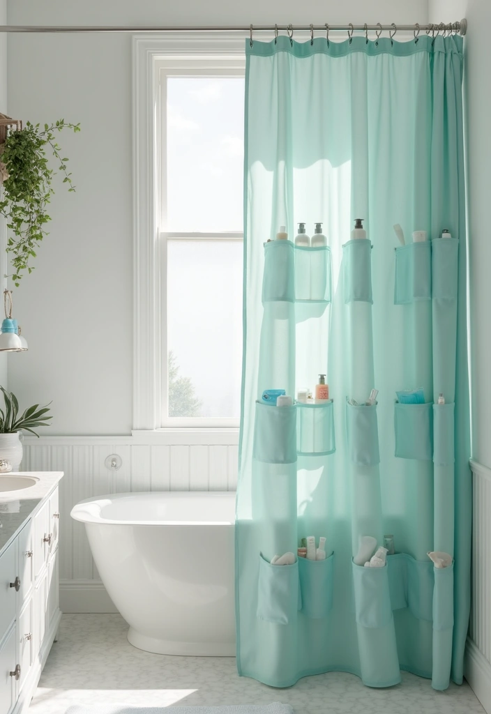 25 Shower Storage Ideas for a Clean and Organized Bathroom 16. Shower Curtain with Pockets