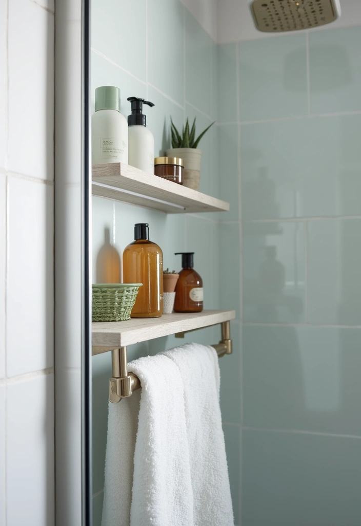 25 Shower Storage Ideas for a Clean and Organized Bathroom 21. Shower Shelf with Towel Bar